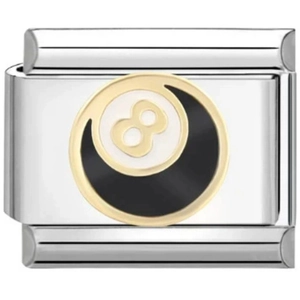 Maillon de bracelet italien modulaire avec motif de boule de billard numéro 8 noir et blanc