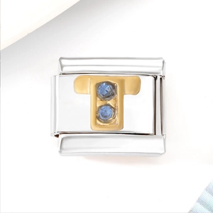 Macro shot of stainless steel modular link with golden letter T and blue zircons