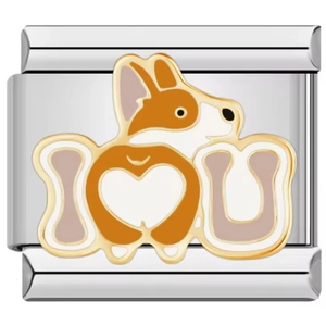 Detalle macro de un charm modular italiano con diseño esmaltado de Corgi I Heart U