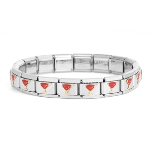 Details des italienischen Edelstahl-Gliederarmbands mit roten Martini-Gläsern