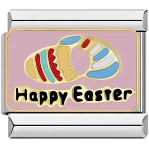 Detalle del abalorio Happy Easter de esmalte rosa para pulseras de acero inoxidable