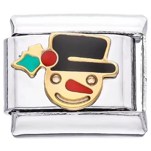Italienisches Modul-Charm mit festlichem goldenem Schneemann und schwarzem Hut auf Silber