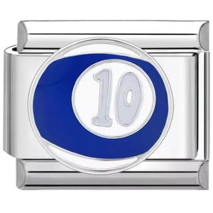 Détail d'un charm italien en acier inoxydable avec motif de boule de billard bleue numéro 10