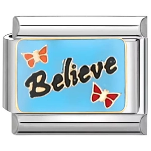 Eslabón de pulsera modular italiana en acero con texto Believe y detalle de mariposa