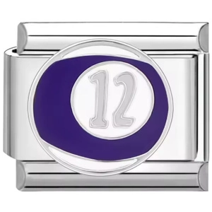 Détail du maillon de bracelet en acier avec boule de billard violette numéro 12
