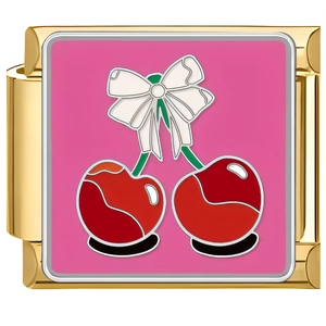 Maillon de bracelet modulable en or 18 carats avec motif cerise rose et nœud blanc émaillé