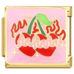 Détail du lien de breloque italienne avec cerises rouges et émail rose en cadre doré