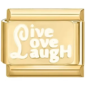 Détail d'un maillon en acier doré avec texte gravé Live Love Laugh pour bracelet