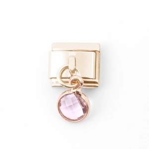 Italienisches Charm-Glied in Gold aus Edelstahl mit rundem rosa Edelsteinanhänger