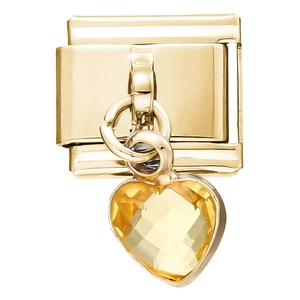 Charm modulaire 9mm avec base en acier inoxydable doré et cristal jaune en forme de cœur