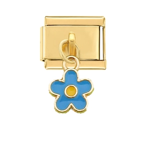 Maglia charm italiana con rettangolo dorato e ciondolo a fiore in smalto blu per bracciale
