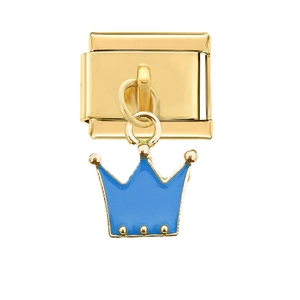 Link per bracciale italiano in acciaio dorato con ciondolo corona in smalto blu