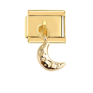 Detail of Italian charm link in polished gold finish with moon and star pendant