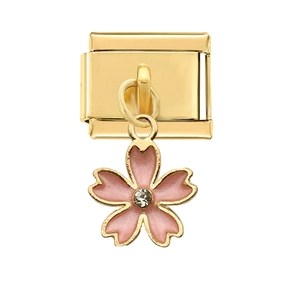 Bracciale italiano a maglie dorate con ciondolo a forma di fiore di ciliegio smaltato rosa