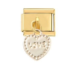 Detailed close-up of a two-tone gold and silver link charm featuring a LOVE heart pendant