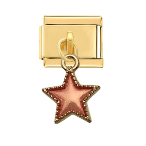 Gold modular bracelet link with a pink star charm and decorative metal dot edges