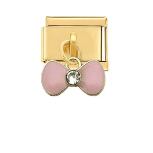 Dettaglio maglia componibile oro con fiocco in smalto rosa e pietra di zircone