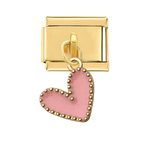 Detail of 9mm gold stainless steel Italian charm featuring a pink enamel heart pendant