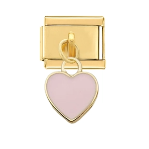 Detail of pink enamel heart charm on golden stainless steel modular link for bracelets