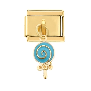 Close-up of golden Italian charm link with a blue enamel lollipop pendant on white background