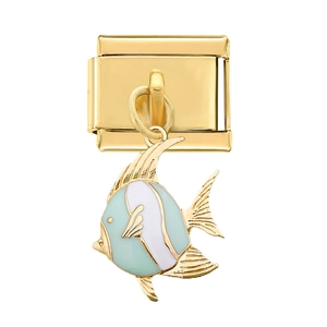Charm italien en acier inoxydable doré avec pendentif poisson tropical bleu