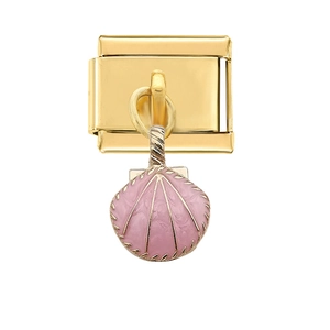 Détail du lien italien avec pendentif en coquillage rose et base en acier doré