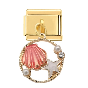 Pendentif charm italien avec coquillage en émail rose, étoile de mer et perles