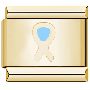Macro detail of gold-plated modular charm with light blue ribbon for DIY bracelets