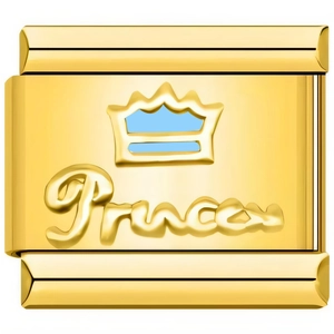 Detailed macro of a gold-plated modular charm link with a blue crown and Princess text
