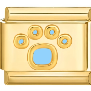 Gold modular stainless steel charm link with blue enamel paw print for bracelets