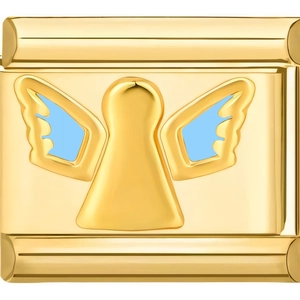 Macro shot of Italian charm link featuring a golden angel silhouette with blue enamel inlay