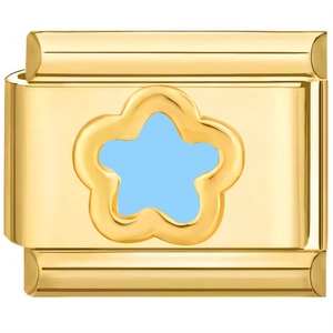 Macro shot of gold stainless steel modular link with blue flower enamel charm