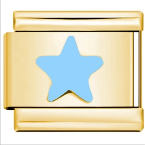Close-up of gold stainless steel Italian charm link with blue star for DIY bracelets