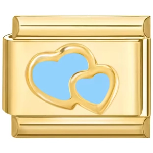 Macro detail of a golden modular link charm with light blue double heart enamel pattern
