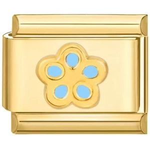 Detailed macro view of a gold Italian charm link with a blue enamel flower decoration