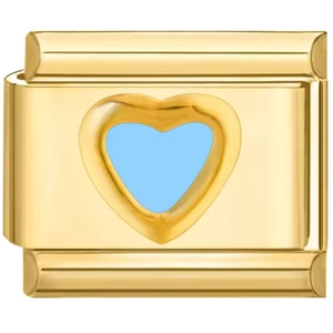 Macro detail of a modular gold charm link featuring a light blue enamel heart design