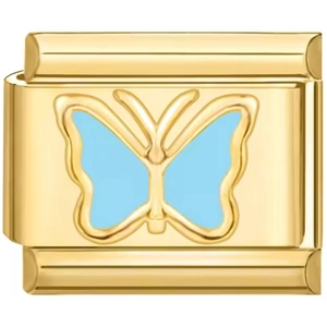 Macro detail of golden modular charm with light blue butterfly pattern for DIY bracelets