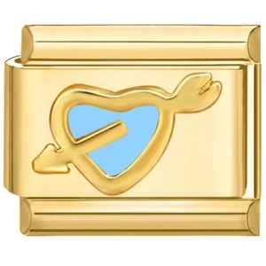 Detail of gold-plated stainless steel Italian charm with blue heart and Cupid's arrow