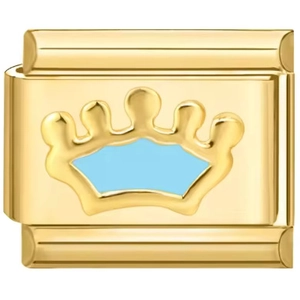 Detail of Italian charm bracelet link in gold finish featuring a light blue crown motif