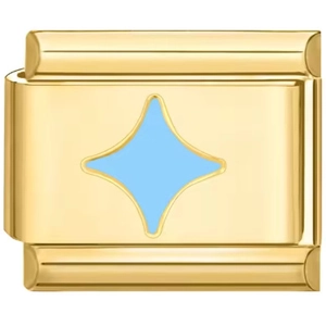 Detailed close-up of a gold modular charm link featuring a light blue four-pointed star