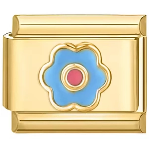 Detail of golden stainless steel modular link with blue and pink enamel flower charm