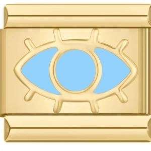 Close-up of golden modular bracelet link with blue evil eye charm inlay and polished finish