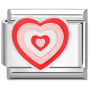 Maillon de bracelet italien 9mm avec motif de cœurs superposés rouge et rose