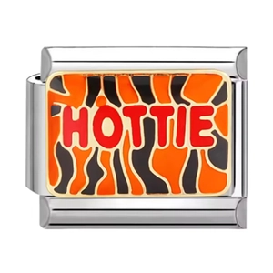 Abalorio modular italiano de acero inoxidable con estampado de tigre y texto HOTTIE