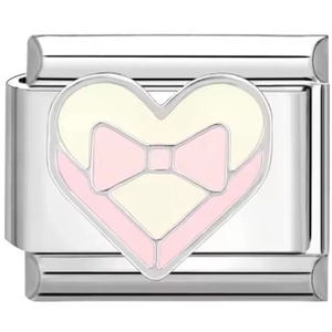 Détail du charm italien modulaire de 9mm avec motif cœur et nœud rose en émail