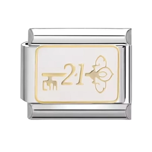 Eslabón de pulsera italiana de acero inoxidable con esmalte blanco y llave 21 dorada