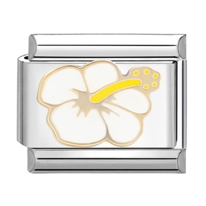 Vista detallada del charm modular de 9mm en acero inoxidable con diseño de hibisco blanco