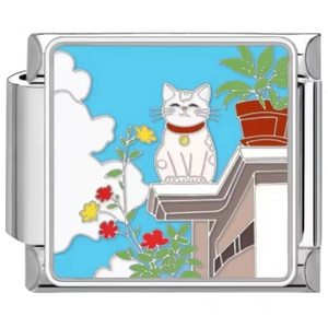 Maillon de bracelet modulaire en acier inoxydable avec motif chat blanc sur le toit en émail