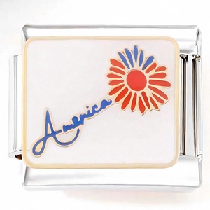 Link charm italiano con scritta America e margherita in acciaio inossidabile lucido