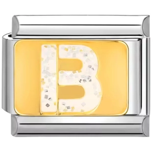 Detalle de un dije italiano dorado con la letra B de purpurina sobre acero inoxidable